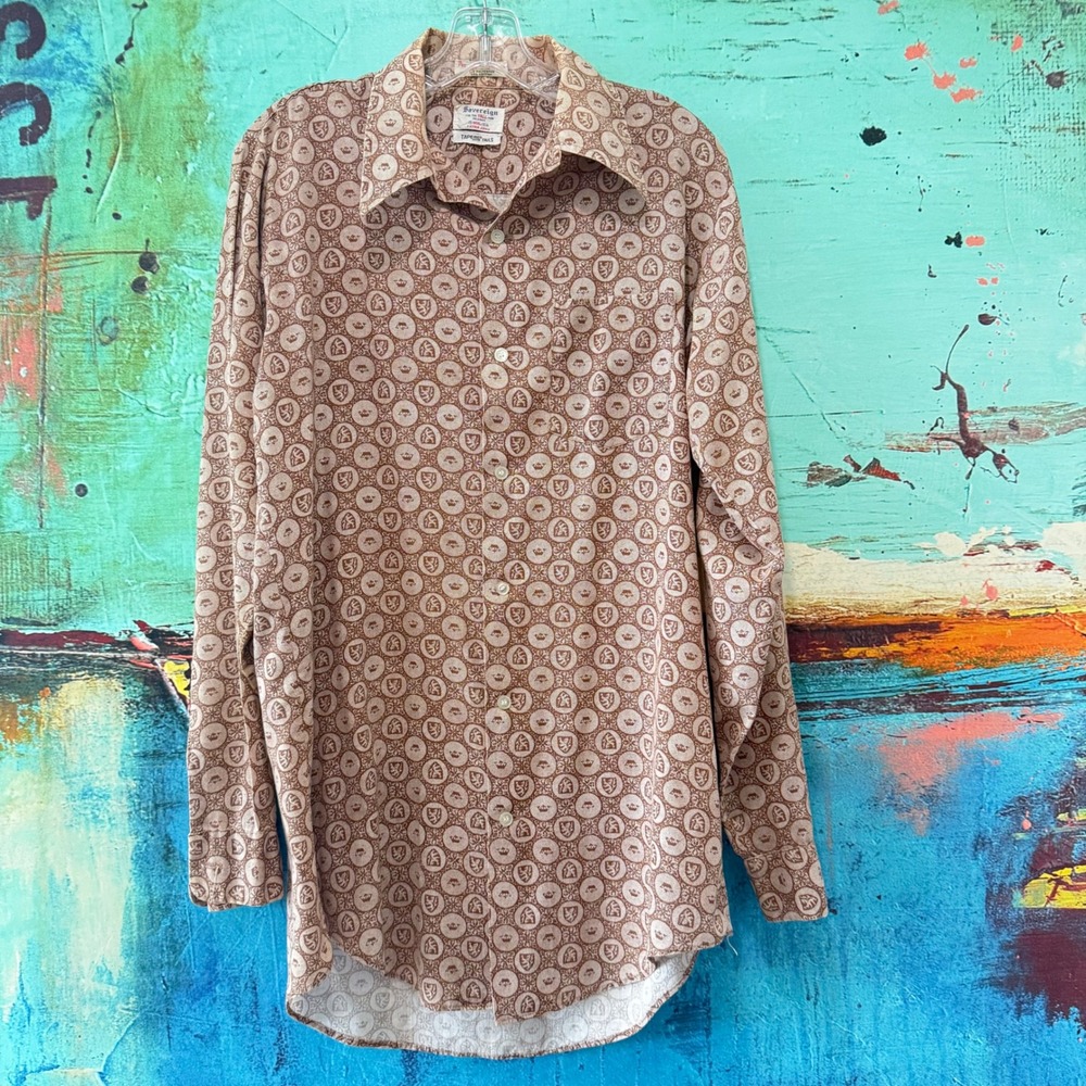 Sovereign Mens Vintage Tall‎ Long Sleeve Button Down Shirt Brown Crest Print XL